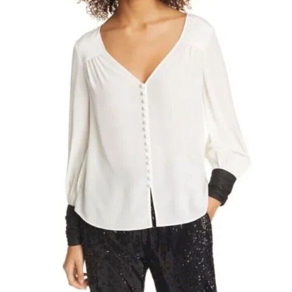 Cinq à Sept Francis Silk Blouse Faux Leathers Cuff Button Front Ivory/Black - Picture 9 of 16